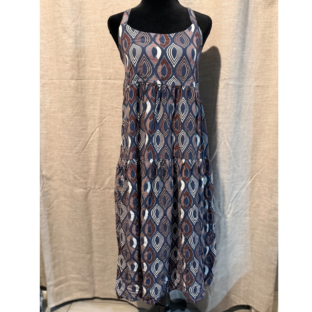 Boho Geometric Eye Print Tiered Midi Dress Blue Brown Smocked Back Sleeveless